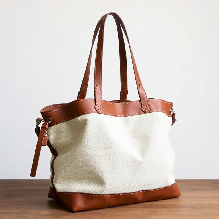 Handwoven leather and canvas tote bag with wooden accents