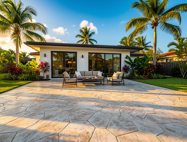 Decorative stamped concrete patio with stone pattern in Fort Lauderdale