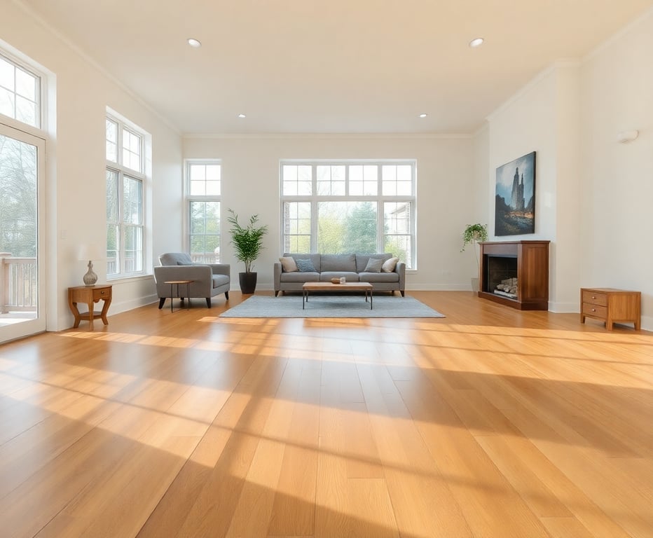 Elegant oak hardwood flooring in a spacious living room with natural lighting