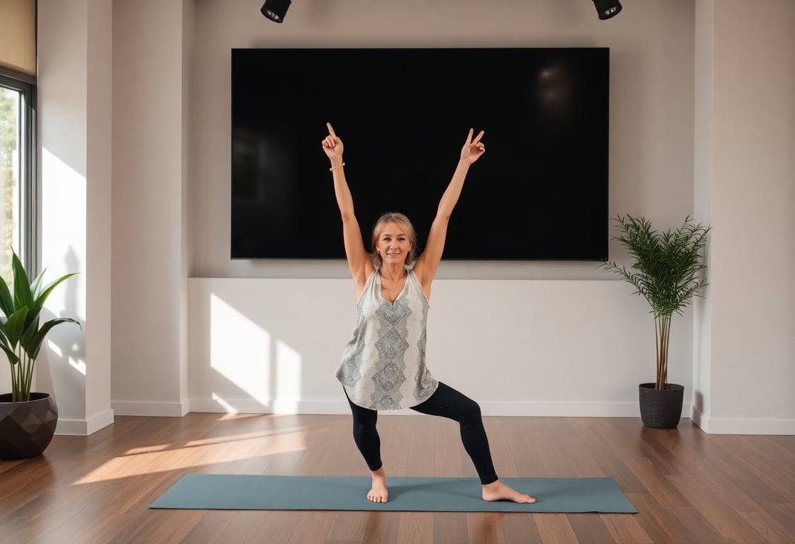 Wellness Hour show host demonstrating yoga in a calm studio setting