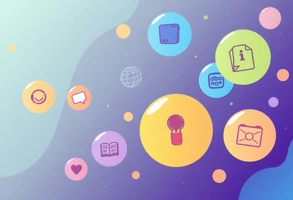 Illustration showing various tech and education icons floating in space with gradient bubbles