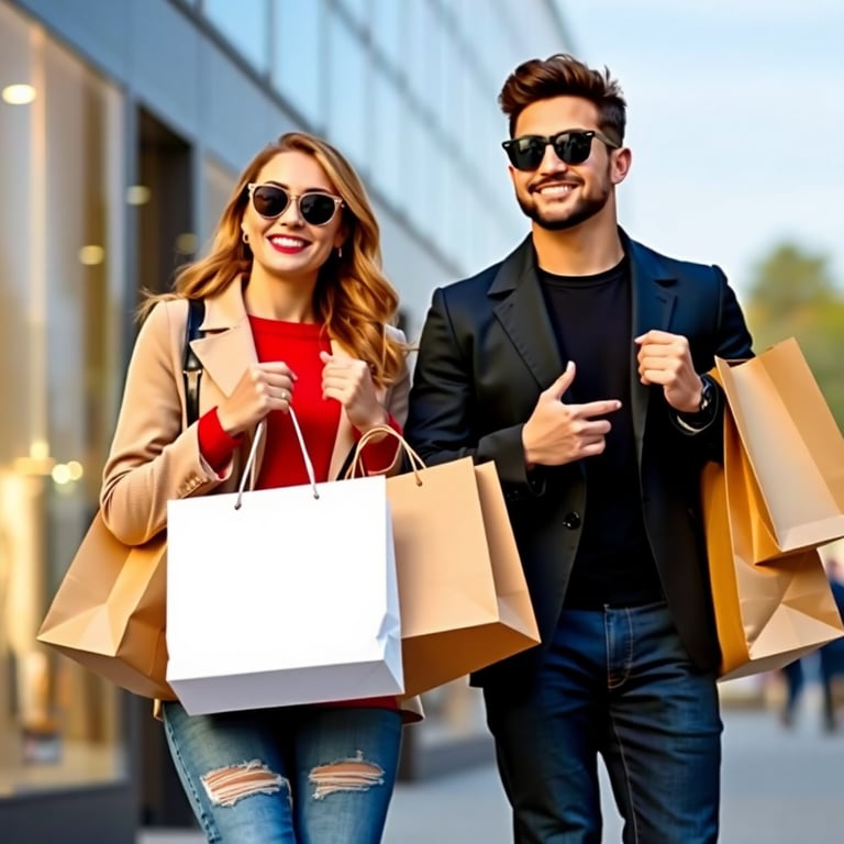 Trendy couple shopping with multiple shopping bags representing premium product selection