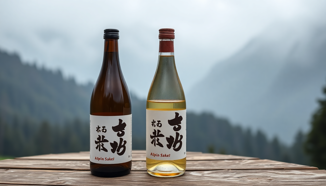 Two bottles of Alpin Sake displayed on a wooden surface with misty Austrian Alps in the background