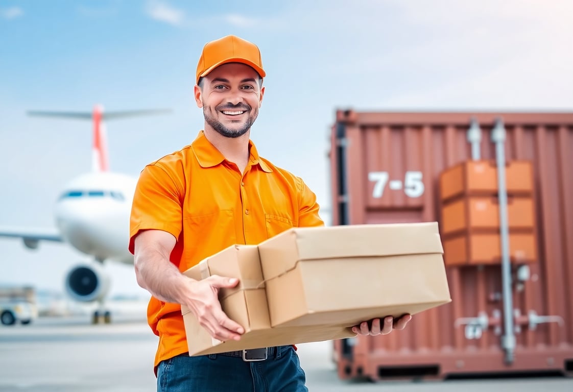 Delivery professional in orange uniform handling packages with a cargo container and airplane in the background