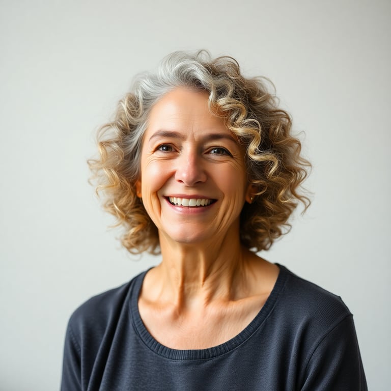 Woman in her 50s with curly hair smiling