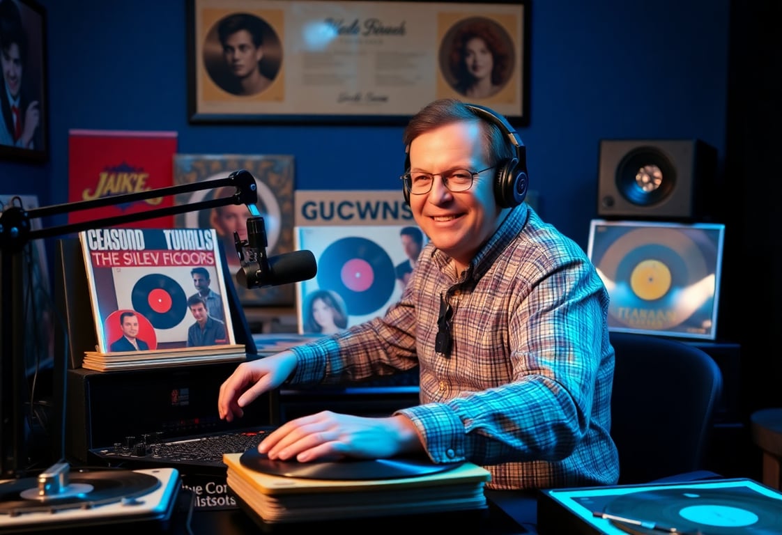 Classic Vinyl show host with vintage records in a blue-lit studio