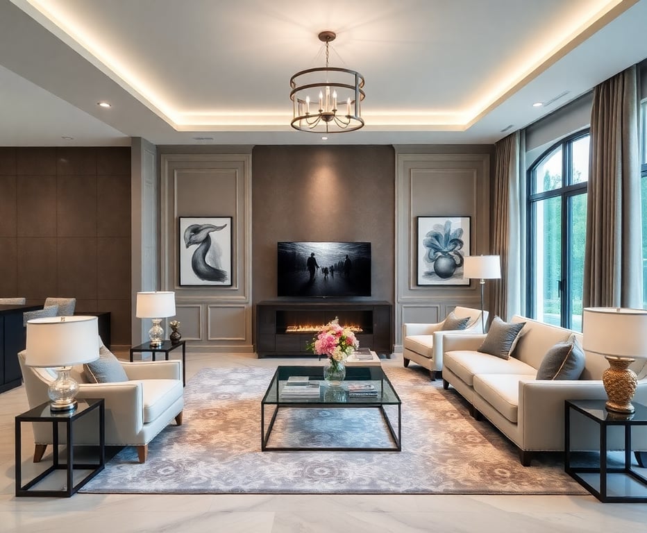 Elegant living room design with custom furniture and lighting