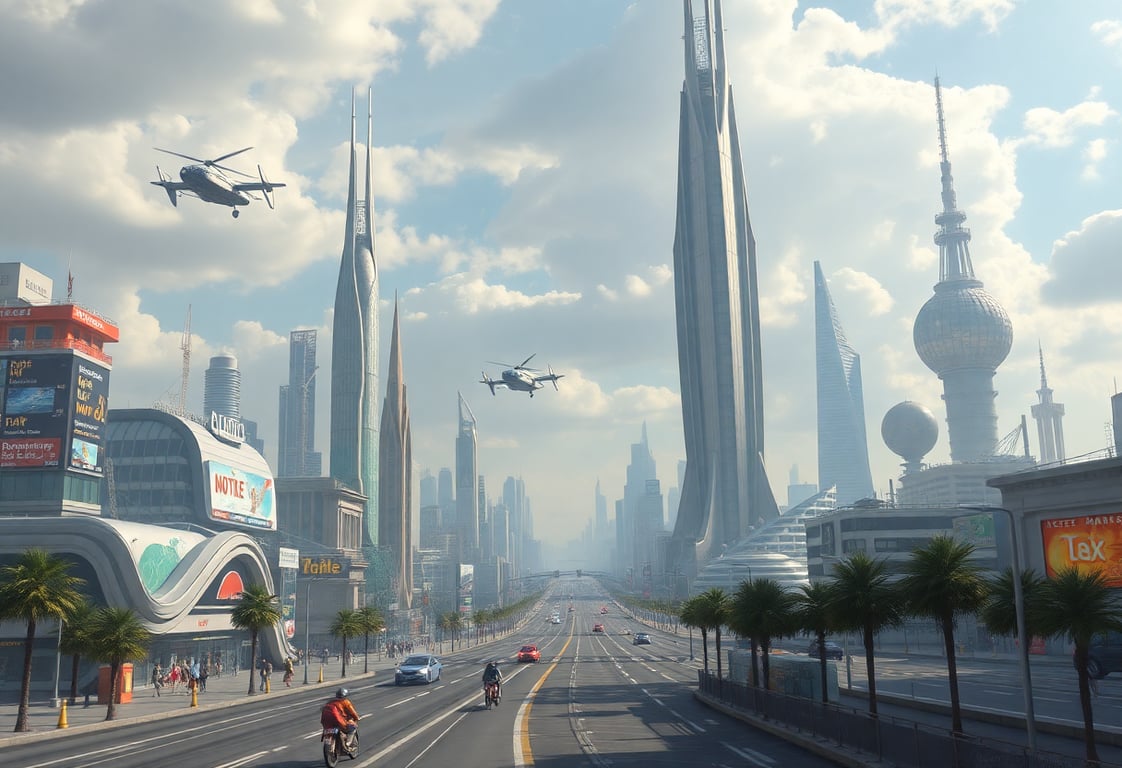 Ville futuriste avec gratte-ciels et véhicules volants
