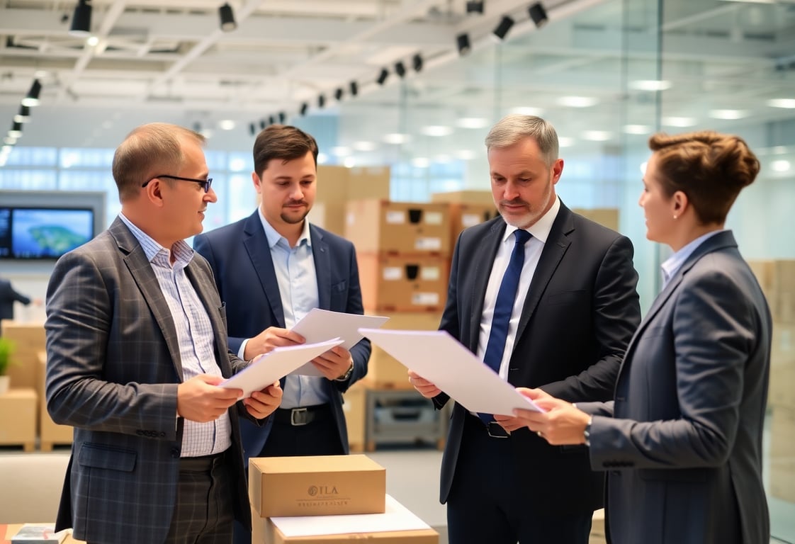 Freight forwarding professionals discussing logistics operations in a modern office setting