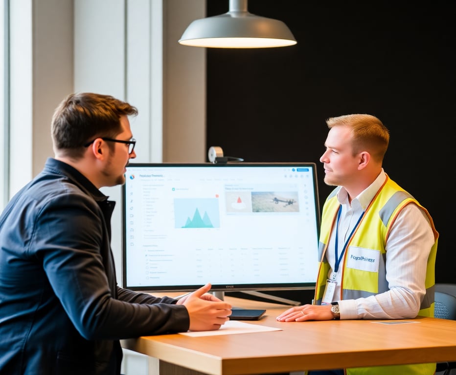 Two professionals discussing project details on PilotPartners platform interface