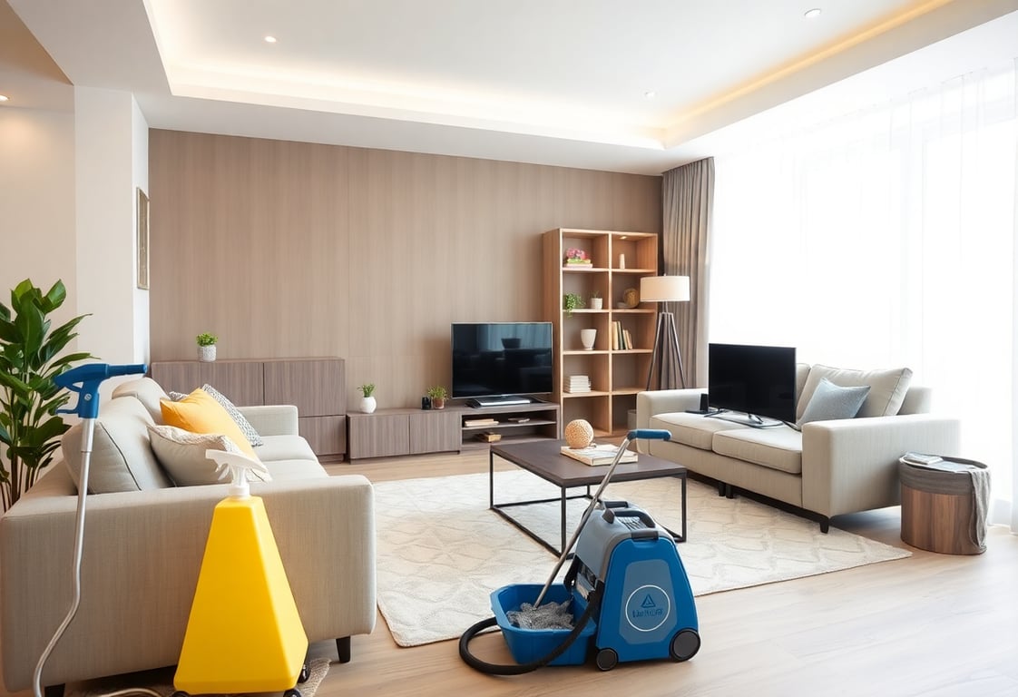 Modern living room with comfortable furniture and cleaning equipment, representing home cleaning services