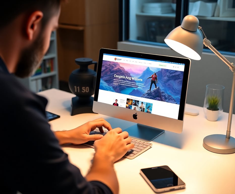 Professional web designer creating beautiful websites on multiple devices with artistic design elements and modern interface