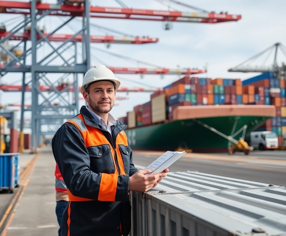Logistics professional managing cargo containers at a busy port terminal