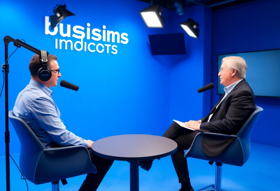Business Insights show host interviewing a guest in a professional blue studio