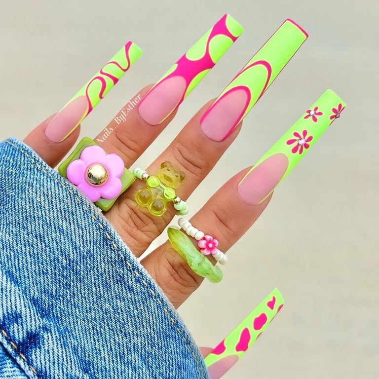 In this image show, the vibrent neon color acrylic nails design.