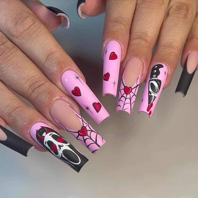 In this image show, the pink and black color design for valentines nail design.