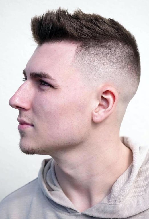the image shows, brushed up high taper haircut