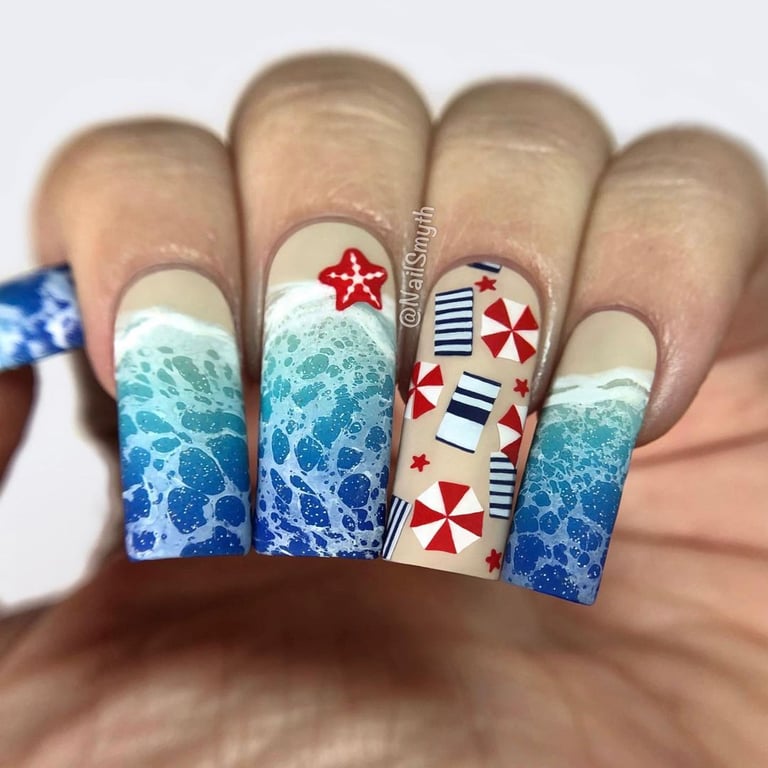 In this image show, the blue color beach effects nails design.