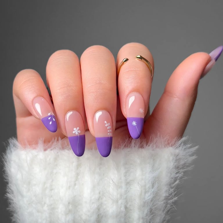 In this image show, the cute mordern purple color french tip nails design.
