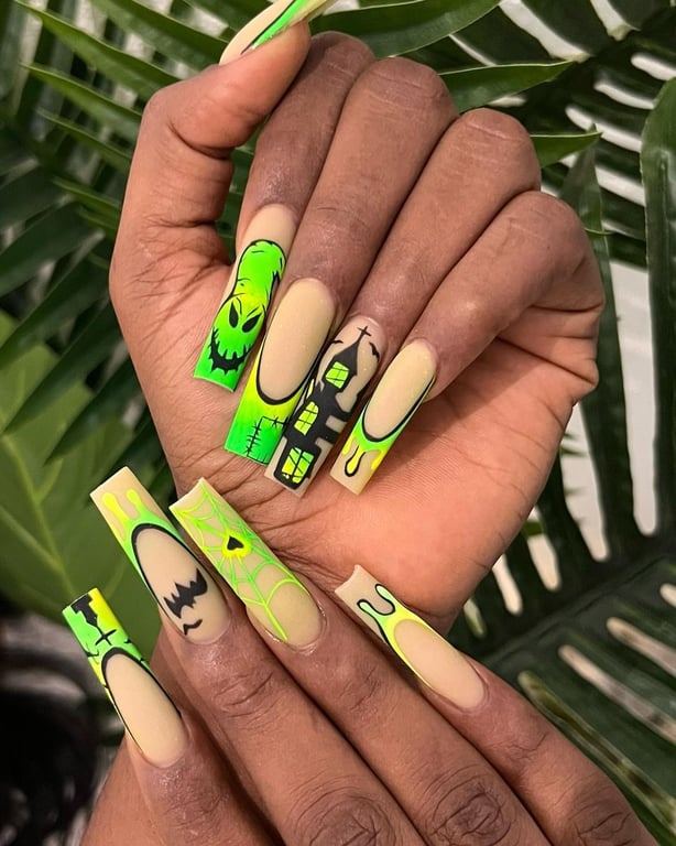 In this image show, the neon color with black holloween nail design.