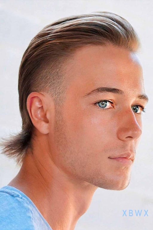 In this image show Slicked Back Burst Fade Mullet