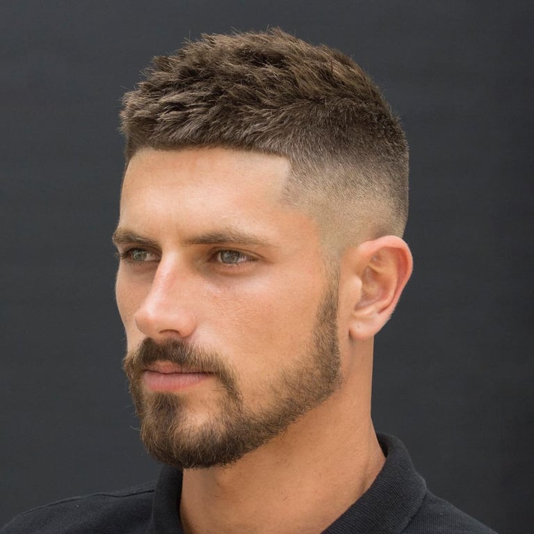 the image shows, high fade haircut with beard