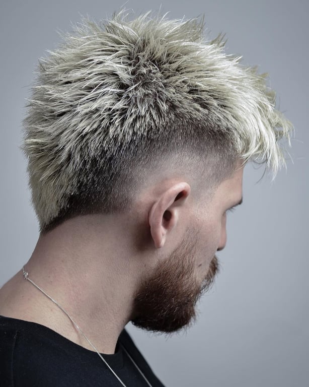 the image shows, burst fade mohawk with high skin fade