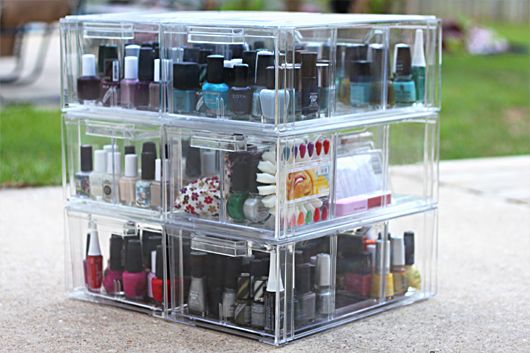 the image shows, organized upright nail polishes