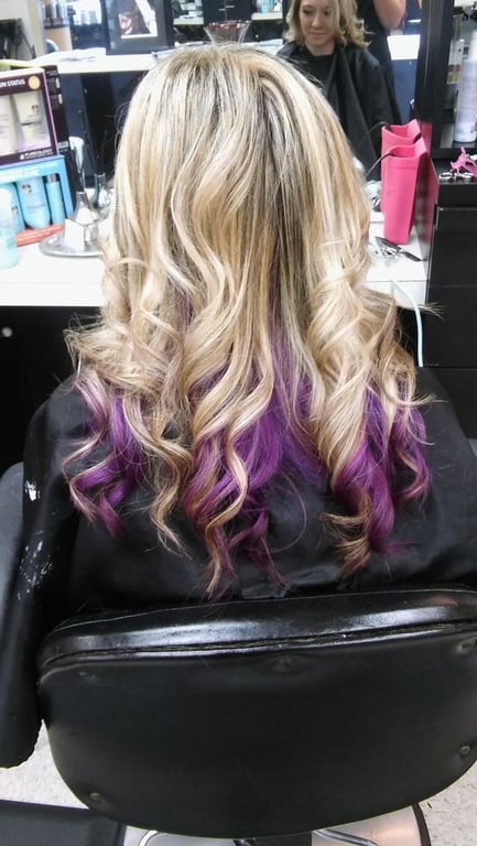 In this image show, the Purple With Lighter Blonde Highlights.