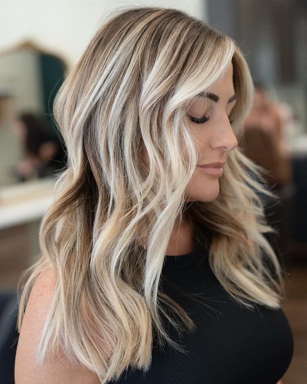 In this image show, the Caramel Balayage With a Blonde Look hairstyles.
