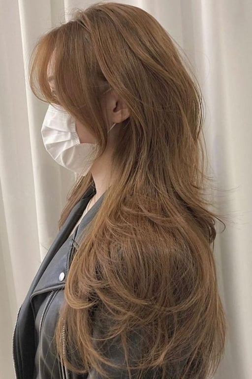 the image shows, Korean wolf cut long hair