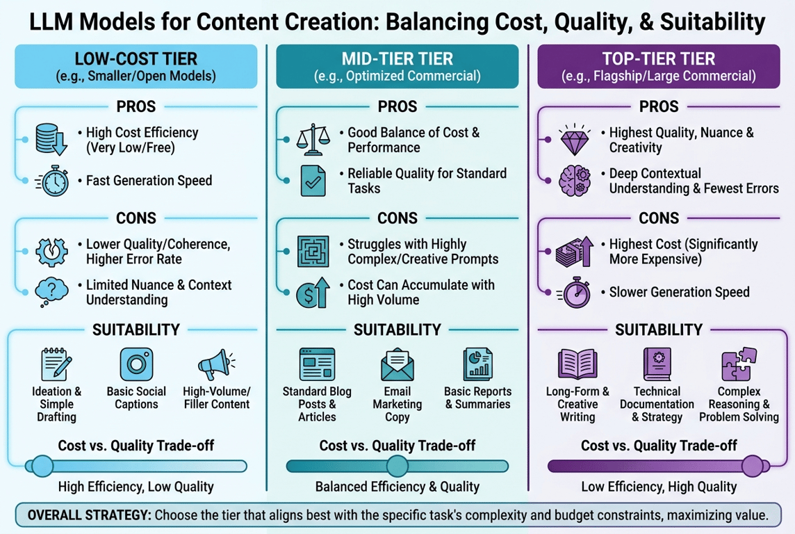 Infographic illustrating the pros and cons of different LLM model tiers in content creation.