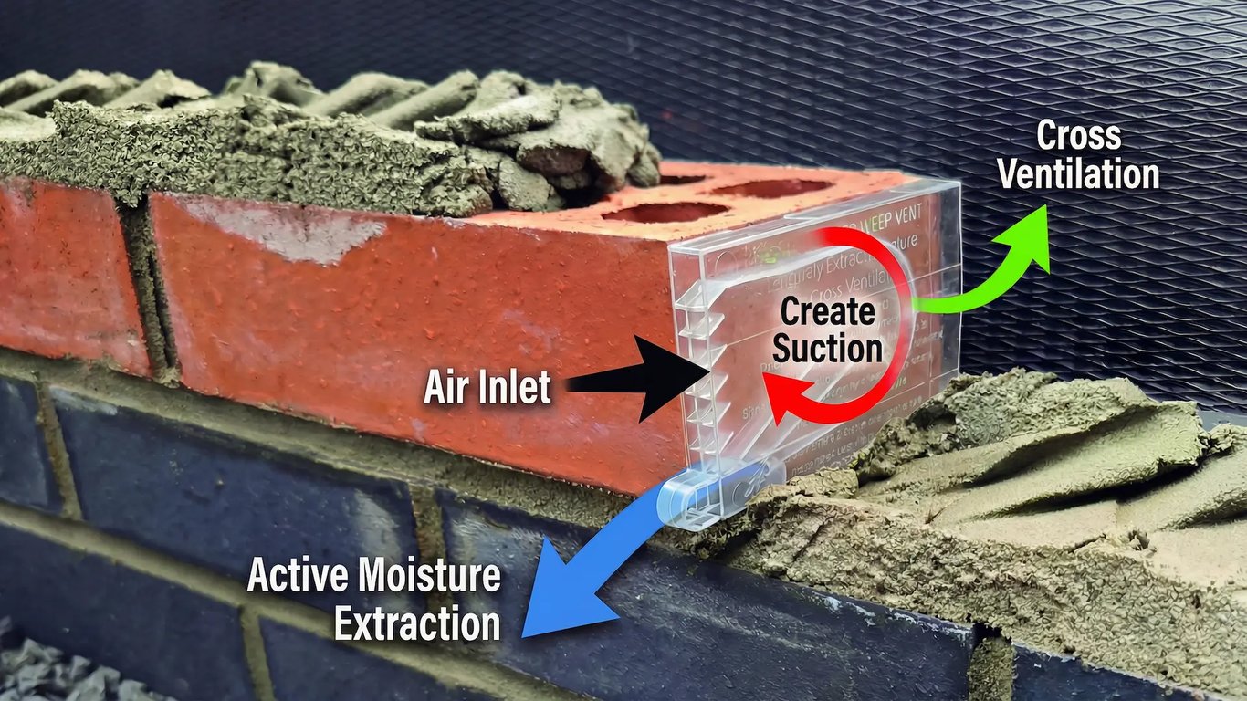 Active Vent explainer diagram showing wind-powered moisture extraction process through cavity walls