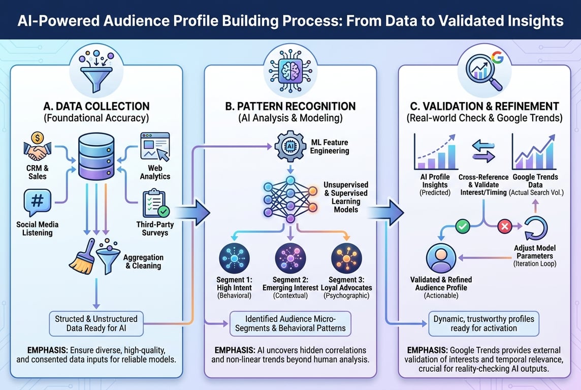 Infographic outlining the steps to create an AI-powered audience profile.