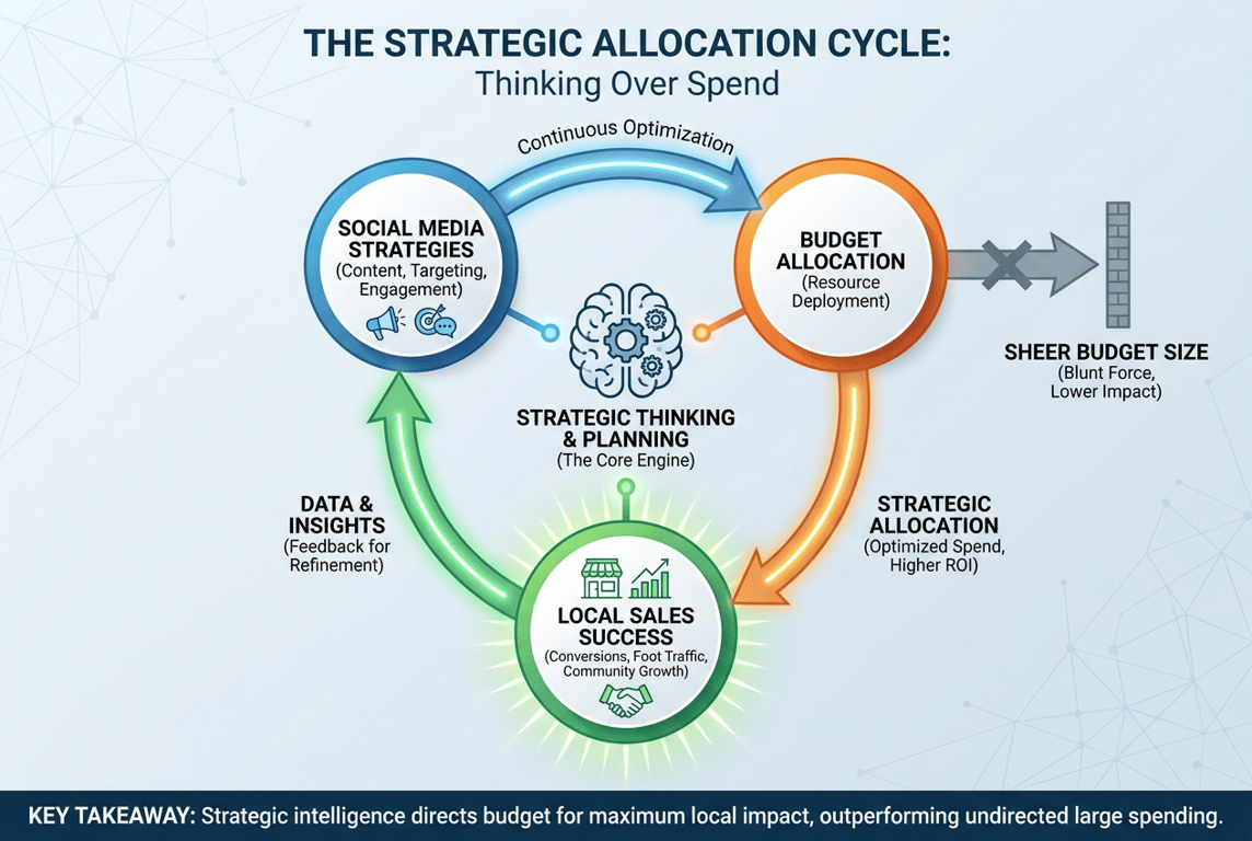 A diagram illustrating how strategic social media approaches can lead to local sales success, regardless of budget size.
