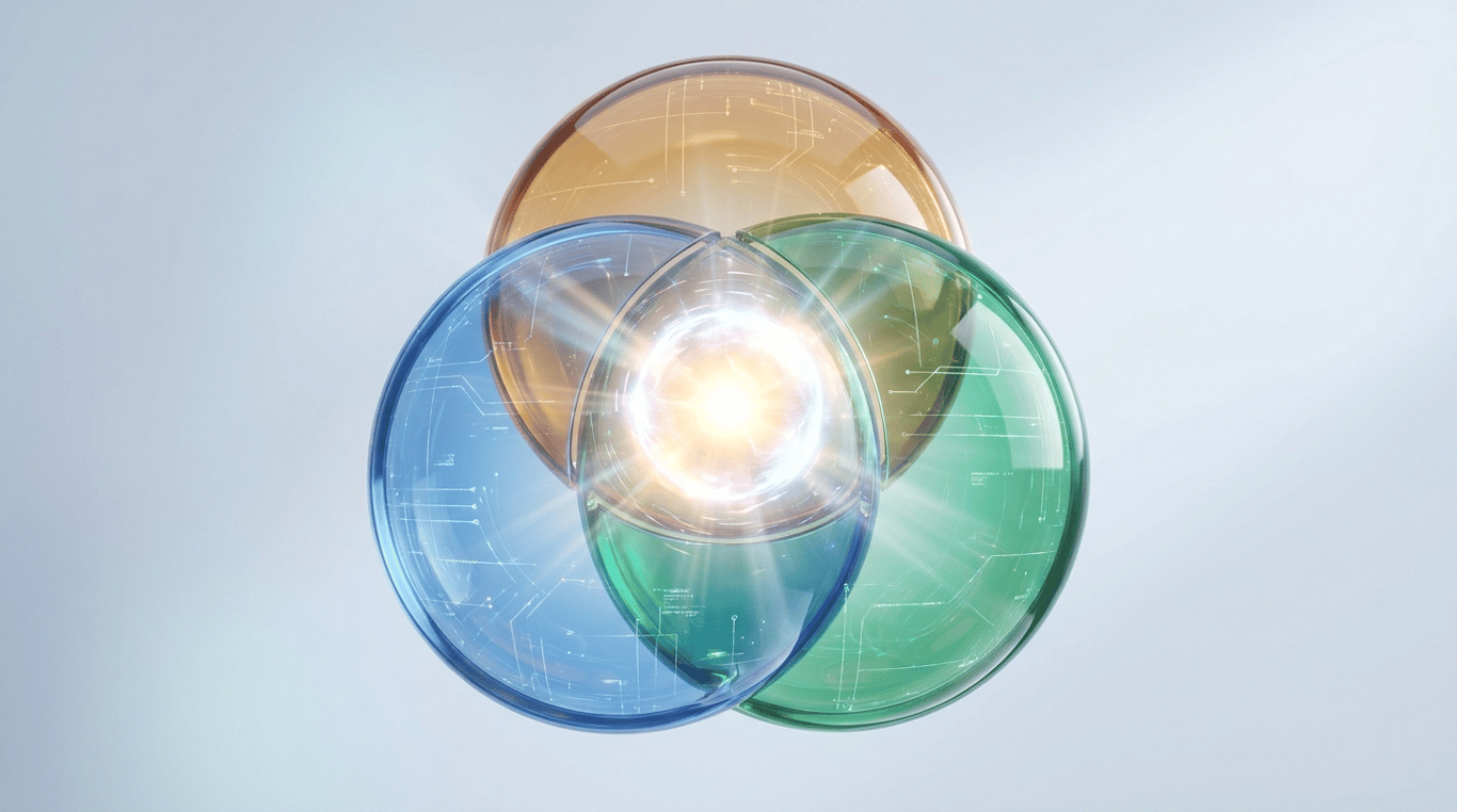 Three interlocking transparent spheres, each representing SEO, AEO, and GEO, converge at a glowing central nexus symbolizing operational excellence and leadership in AI.