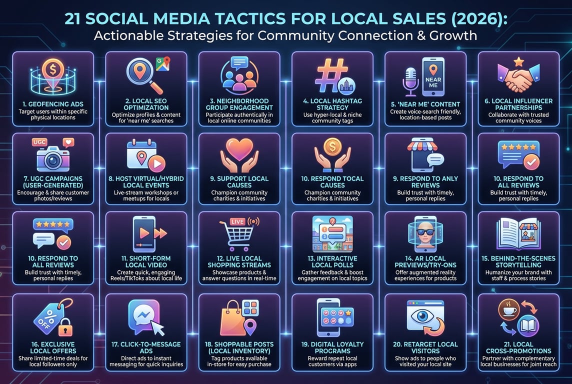 An infographic summarizing 21 effective social media tactics for local sales in 2026, visually engaging and easy to reference.