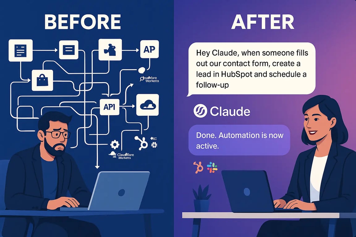AI conversation automation interface showing natural language commands replacing complex workflow builders for UK businesses