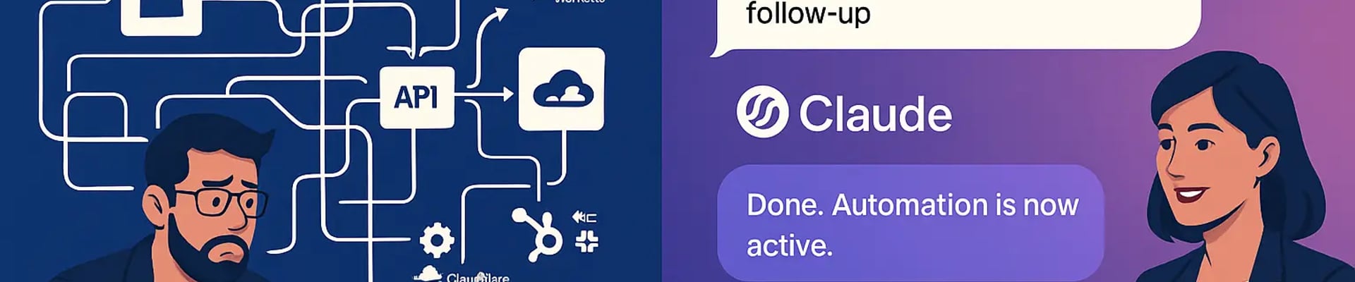 AI conversation automation interface showing natural language commands replacing complex workflow builders