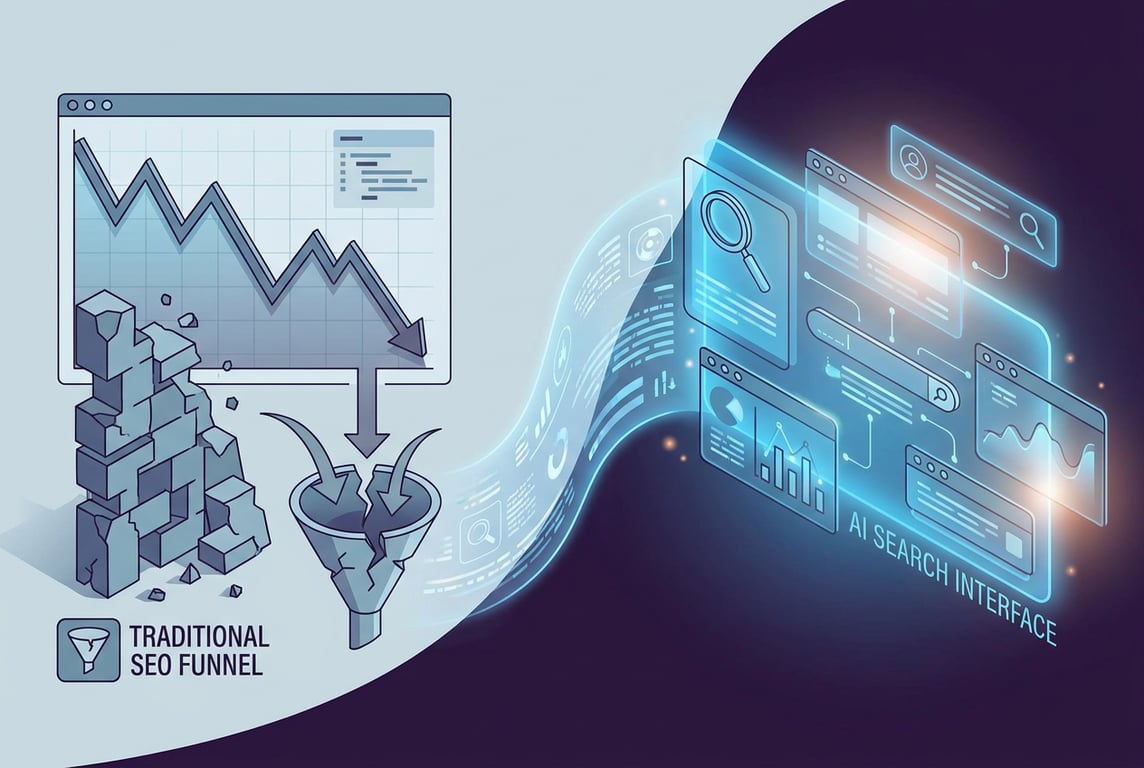 Organic website traffic graph showing a dramatic decline as AI search takes over, with SEO strategy evolution illustrated