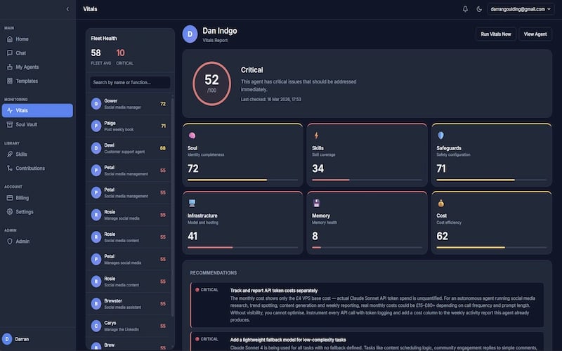 Agentdar Vitals dashboard — six-module health scoring for every AI agent