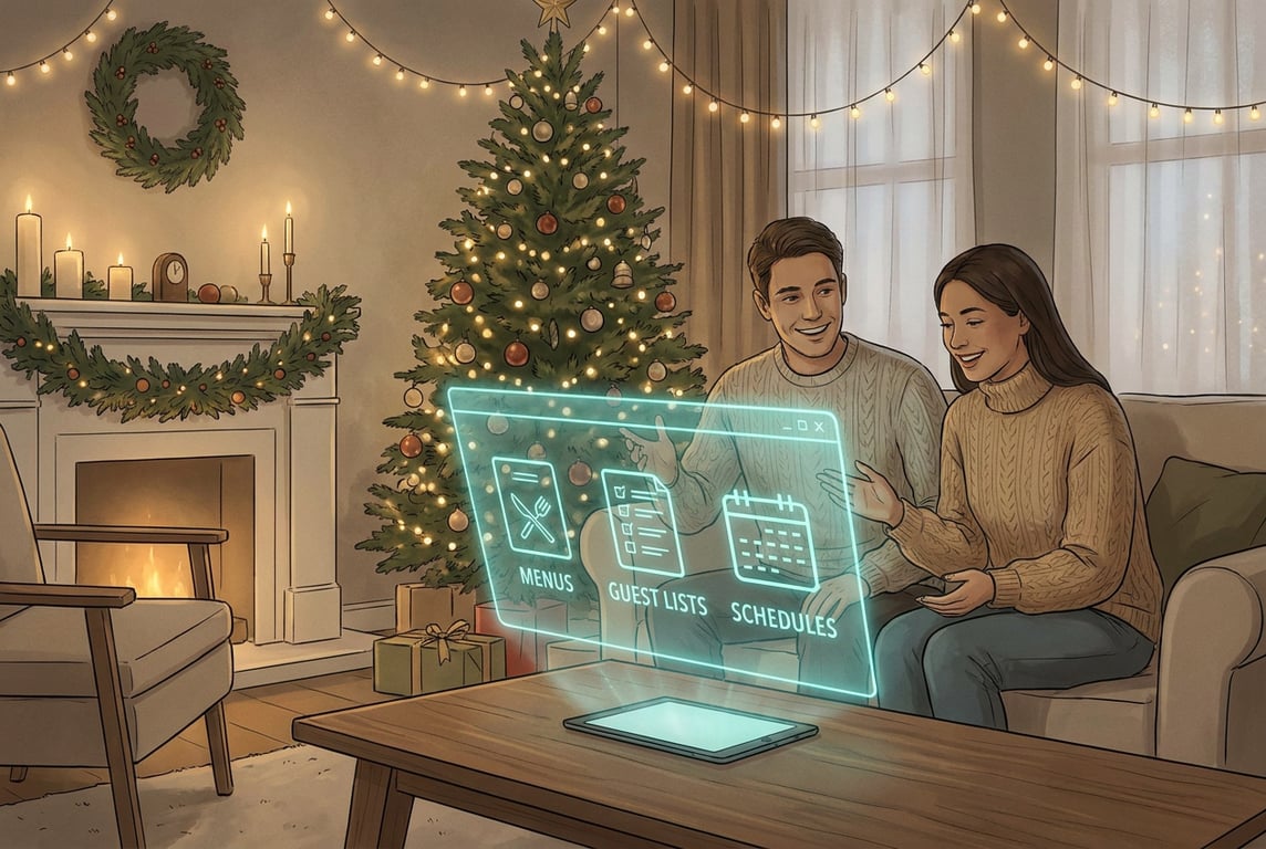 A stress-free holiday hosting scene with Gemini AI assistant helping organise and plan, showing calm and organised festive preparation
