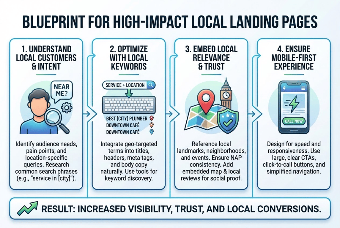Infographic detailing the steps to crafting high-impact local landing pages, including understanding local customers and optimizing for mobile.