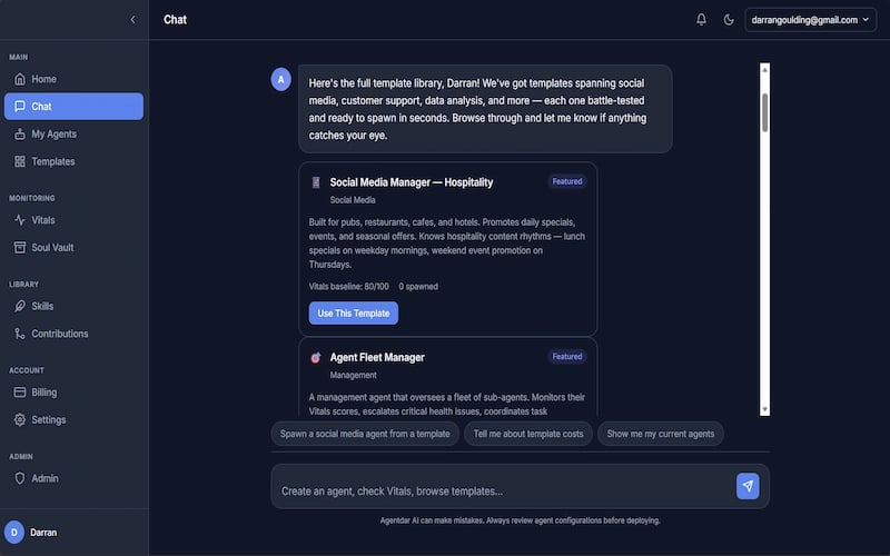 Agentdar template library — choose from 16 verified agent templates to deploy in minutes
