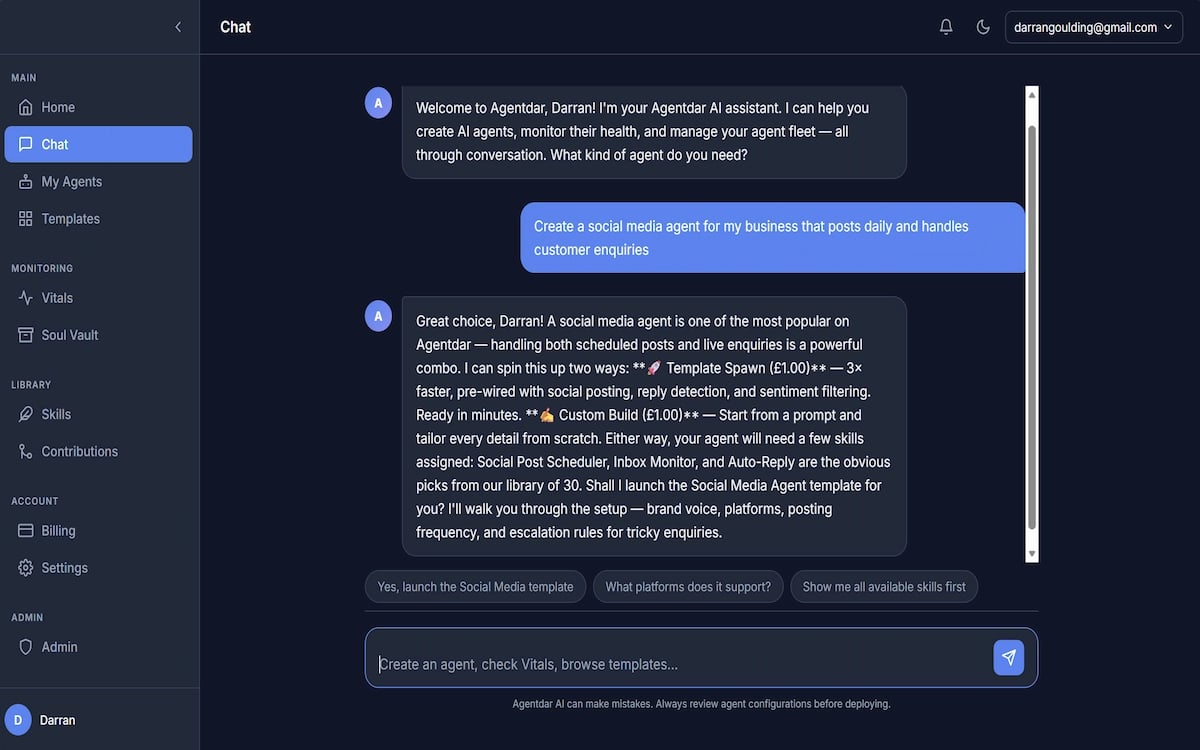Agentdar chat interface — create an AI agent by describing what you need in plain English