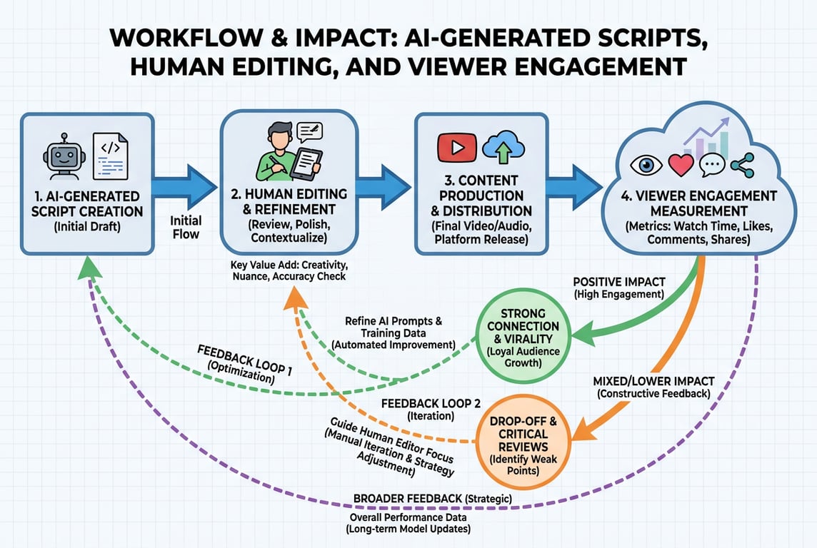 Diagram illustrating the workflow between AI script generation, human editing, and viewer engagement.