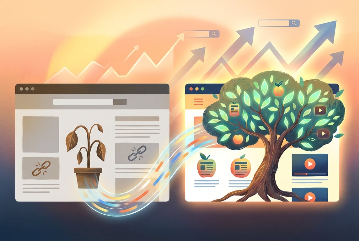 A website being restored and revived with quality content improvements, like a plant growing from dry soil into a healthy digital presence