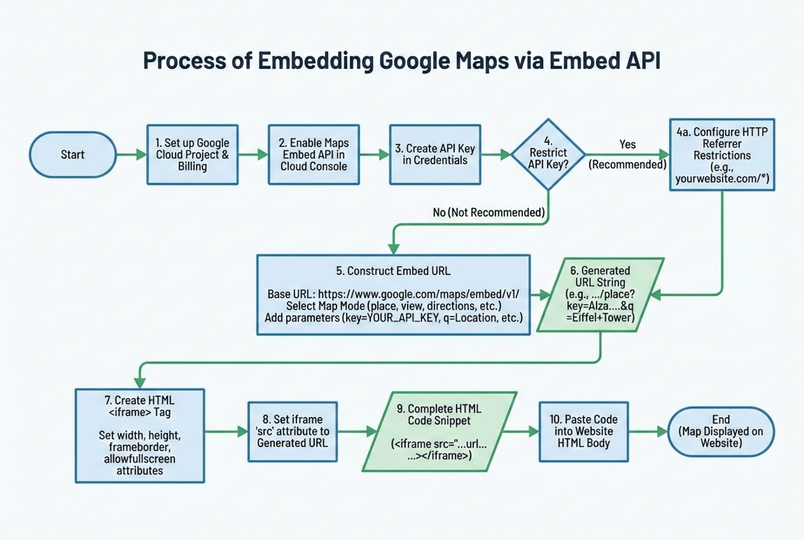 Flow diagram showing the process of embedding Google Maps using the Google Maps Embed API, from acquiring the API key to HTML integration.
