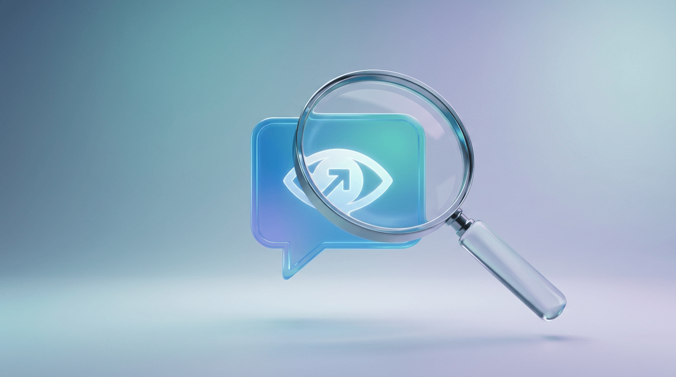 A magnifying glass hovers over a glowing digital chat bubble, revealing a stylized brand logo inside, set against a clean, tech-inspired background.