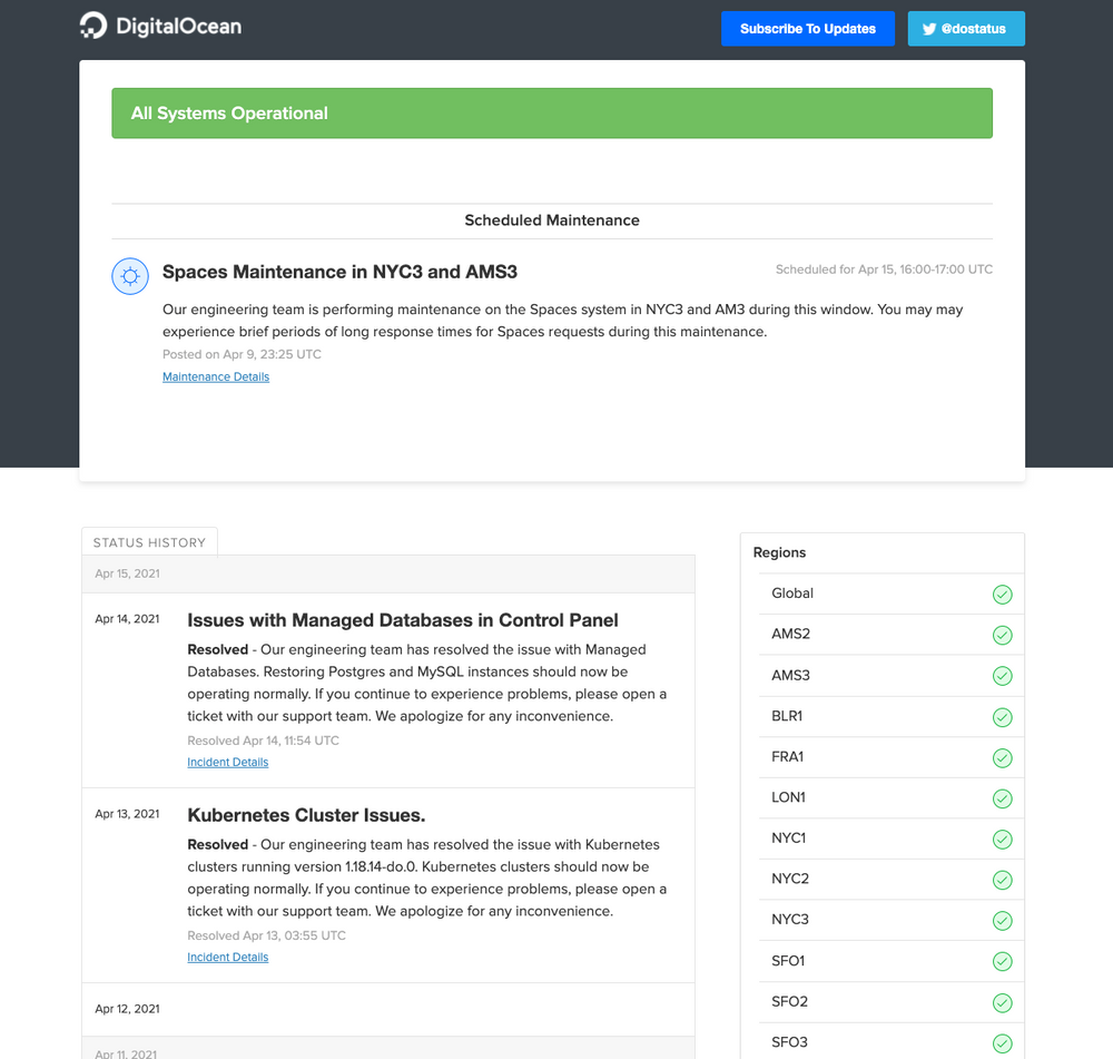 Digital Ocean status page